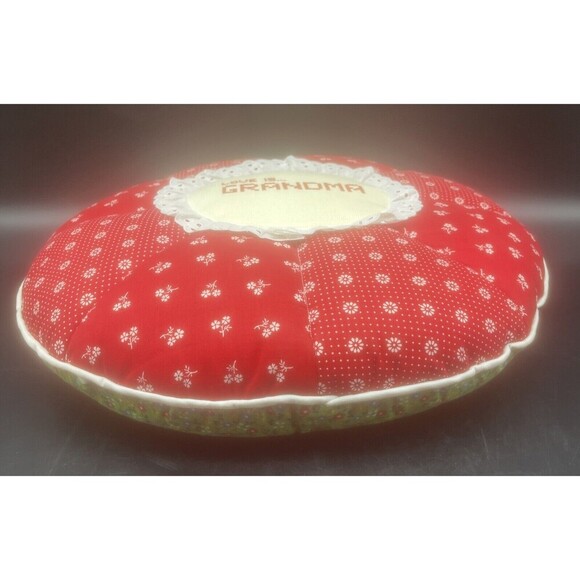 VTG Round Cross Stitch LOVE IS GRANDMA Quilted Lace Reversible Pillow 18” - Picture 5 of 5
